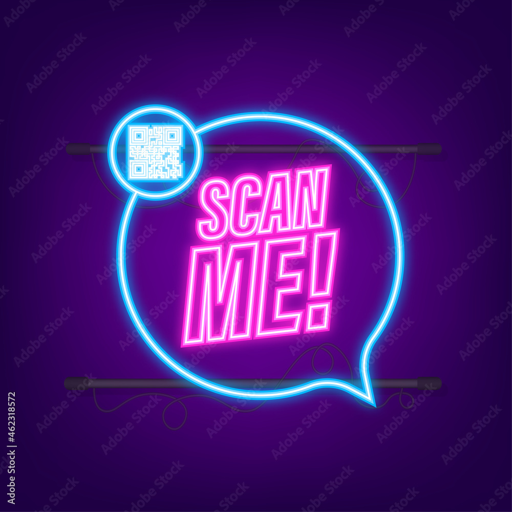 Naklejka premium QR code for smartphone. Inscription scan me with smartphone icon. Qr code for payment. Neon icon. Vector illustration