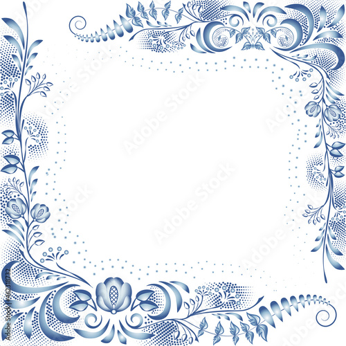 Blue floral frame. Corner patterns of branches with flowers and polka dot. Ornaments with blossoms leaves in the style of ethnic blue cobalt painting on porcelain Isolated on white