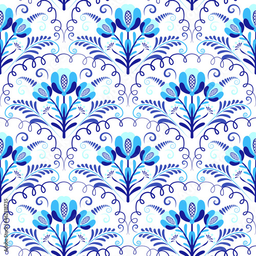 Blue floral seamless pattern. Ornament of branches with flowers and curls. Background leaves in style of ethnic blue cobalt painting on porcelain. Print for fabrics and wallpaper