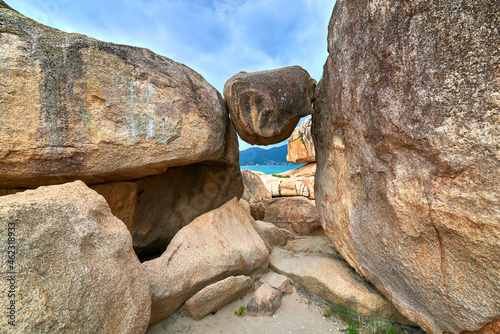 View of the Hòn Chồng Promontory popular rocks landmark of Nha Trang City, Vietnam