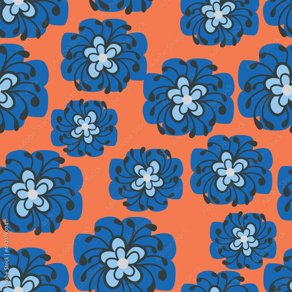 Orange with whimsical blue abstract flowers with light blue centres and