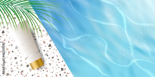 Beauty cosmetic product display background with blue pool ocean water ripple, palm leaf, and terrazzo ceramic for branding and marketing banner template