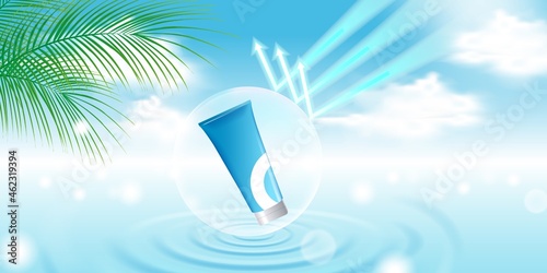 Beauty cosmetic product display banner template with blue cloud sky background, water ripple, palm leaf, bubble shield and arrow for branding and marketing