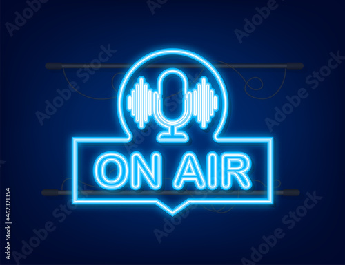 Podcast icon like on air live. Podcast. Badge, icon, stamp, logo. Radio broadcasting or streaming. Neon icon. Vector stock illustration