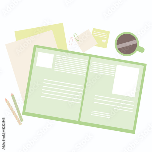Workplace. A place to study. An open book, a cup of coffee, letterheads, writing stickers, pencils. The concept of training or office work.