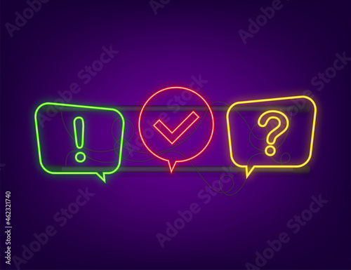 Quiz logo with speech bubble symbols, concept of questionnaire show sing, quiz button, question competition. Neon icon. Vector stock illustration