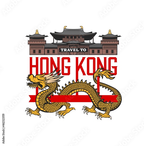 Chi Lin nunnery monastery, Hong Kong travel and landmark vector icon. Asia traveland sightseeing, Hong Kong traditional golden dragon symbol and Buddhism Chi Lin nunnery