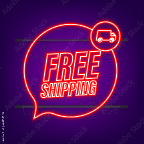 Free shipping. Neon icon. Badge with truck. Vector stock illustrtaion