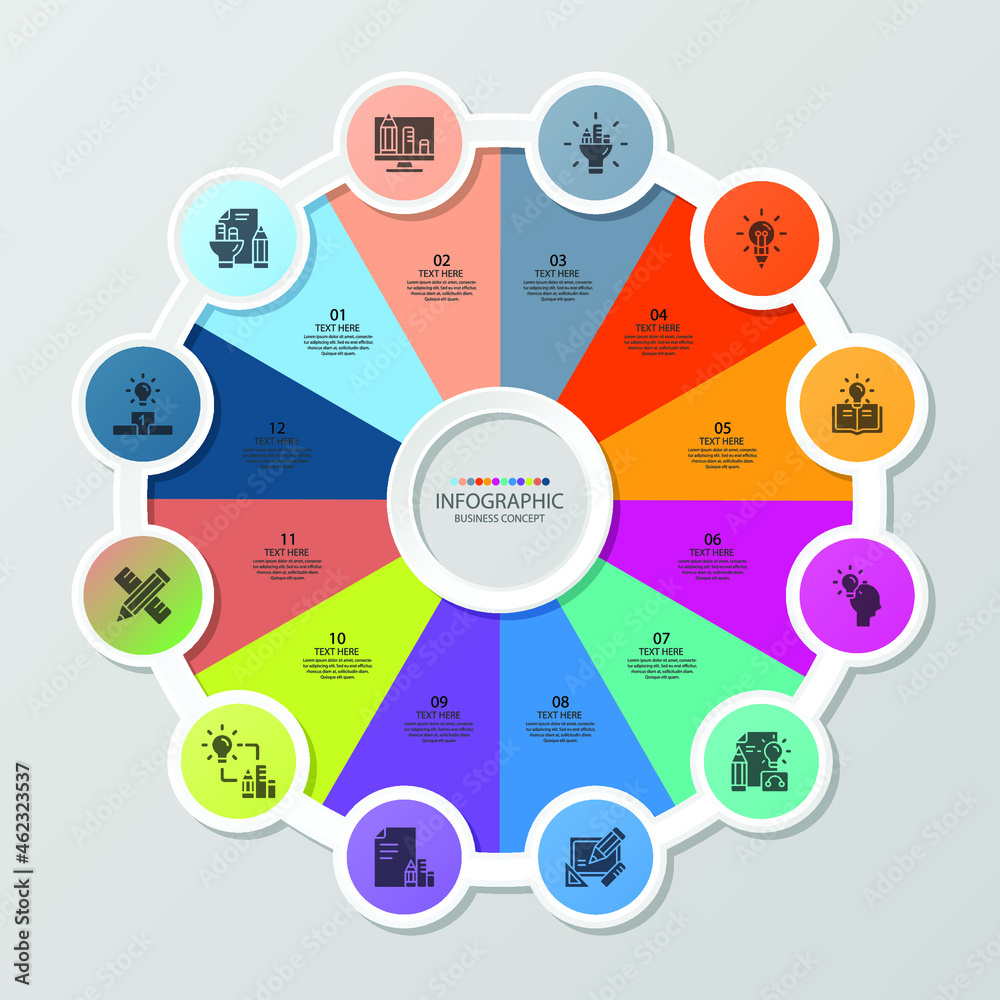 Fototapeta premium Basic circle infographic template with 12 steps, process or options, process chart, Used for process diagram, presentations, workflow layout, flow chart, infograph. Vector eps10 illustration.
