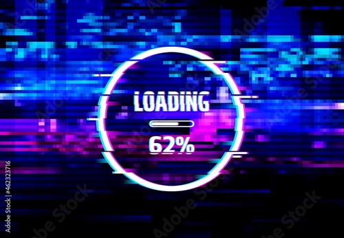 Loading error screen of data glitch effect vector background with loading progress bar and color pixel noise pattern. Digital distortion of computer monitor, internet connection loss and traffic fail