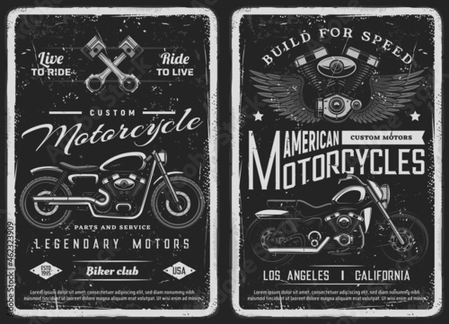 Bike and custom motorcycle vintage posters. American motorcycles mechanic service, repair station or biker club workshop grunge banners. Vector classic chopper bikes, engine blocks and pistons
