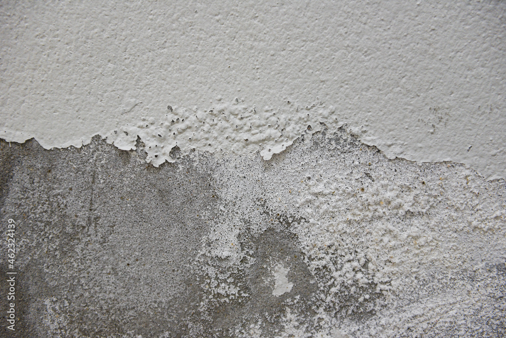 Obraz premium Empty old wall texture background, Painted distressed wall surface, Grunge shabby building facade with damaged plaster, cracked color caused by moisture peeling wall