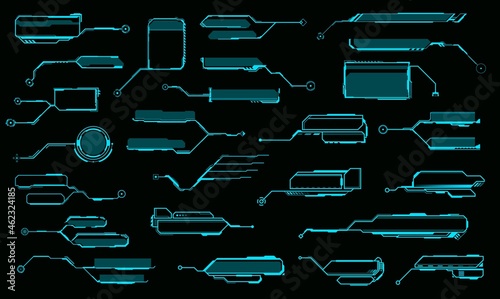 HUD callout titles, information call box bars and digital info boxes. Futuristic vector frames, data visualization and info bars or glowing blue neon light frames, GUI interface design elements set