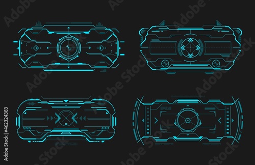 HUD aim control frame interface, futuristic target screen dashboard panel, vector. HUD target controls and aim radars or crosshair on digital screen, game UI and spaceship dashboard