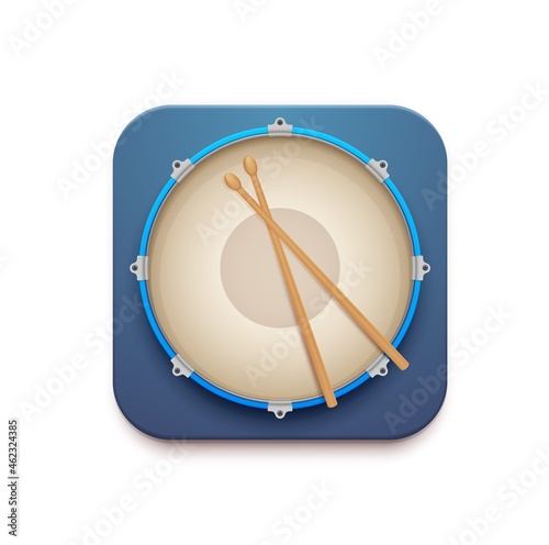 Musical drum kit app vector 3d icon of snare drum with sticks. Isolated square button of mobile or web application interface, ui or gui with top view of percussion music instrument and drumsticks