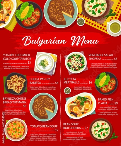 Bulgarian cuisine restaurant dishes menu. Bob Chobra and yogurt cucumber cold Tarator soup, cheese pastry Banitsa, bryndza bread Tutmanik and fish Plakia, Kufteta meatballs, salad Shopska vector photo