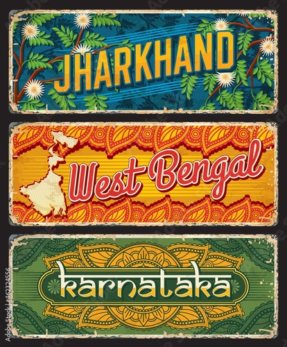 Karnataka, West Bengal and Jharkhand, India states tin signs, Indian regions vector metal plates. Indian states welcome and region entry welcome signs with landmarks and Indian ornaments, car plates