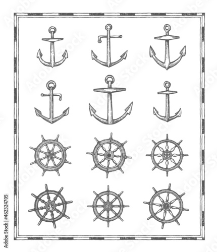 Anchors and helm sketches. Vintage, antique map elements. Marine sailing, nautical adventure and naval history hand drawn vector icons with admiralty and fisherman anchors, sailboat steering wheel