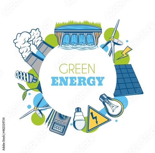 Green energy vector round frame. Ecology environment, water and nature protection. Save nature, power solar energy panel, bio fuel, wind mills and dam with bulbs. Eco conservation, stop pollution