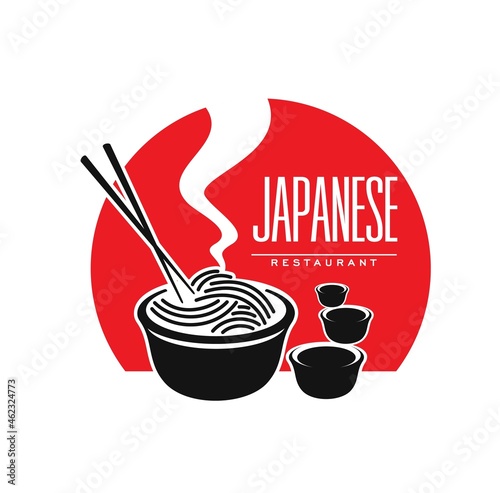Japanese cuisine restaurant icon with noodles and sauce, vector symbol. Japan and Asian food bar or cafe and restaurant emblem with Japanese ramen or udon noodles an chopsticks