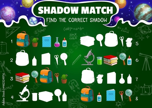 Shadow match game worksheet, cartoon space planets, schoolbag, textbook and school stationery silhouettes. Vector kids riddle with learning items, cactus, backpack, microscope and magnifier or glue