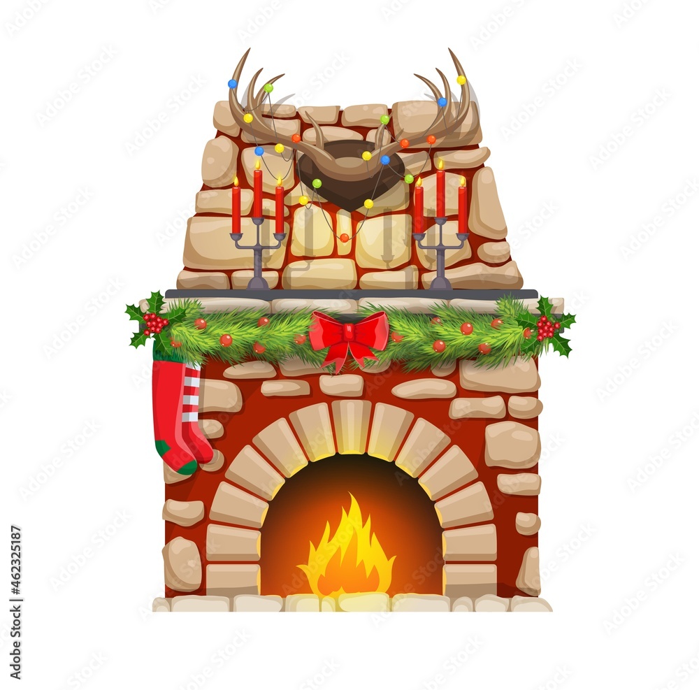 Christmas fireplace with cartoon fire and Xmas holiday decorations. Vector stone fire place or hearth with stockings, Christmas tree garland and festive lights, holly berry and red ribbons