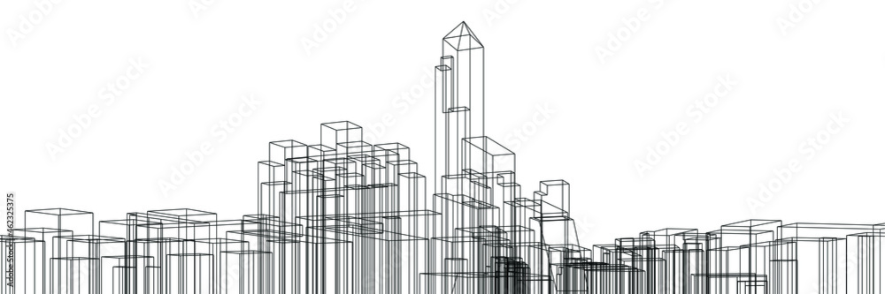 Cityscape on white background, Building perspective, Modern building in the city skyline, city silhouette, city skyscrapers, Business center, Vector illustration in flat design.