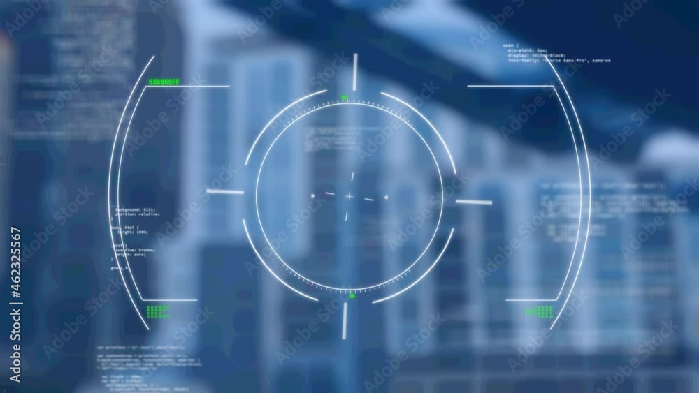 Animation of targeting and data over blurred city financial district Animation of targeting and data over blurred city financial district
