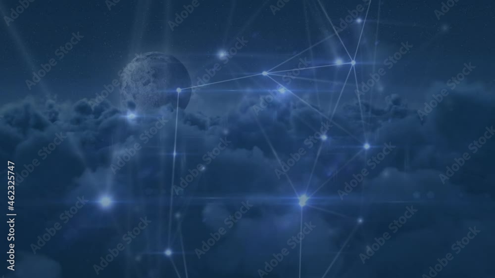 Animation of network of connections over clouds in background Animation of network of connections over clouds in background
