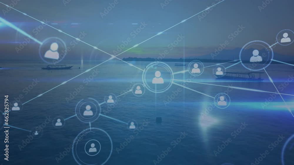 Animation of network of connections with people icons over seascape in background