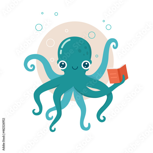 Cartoon vector cute octopus with book. Illustration reading library reader