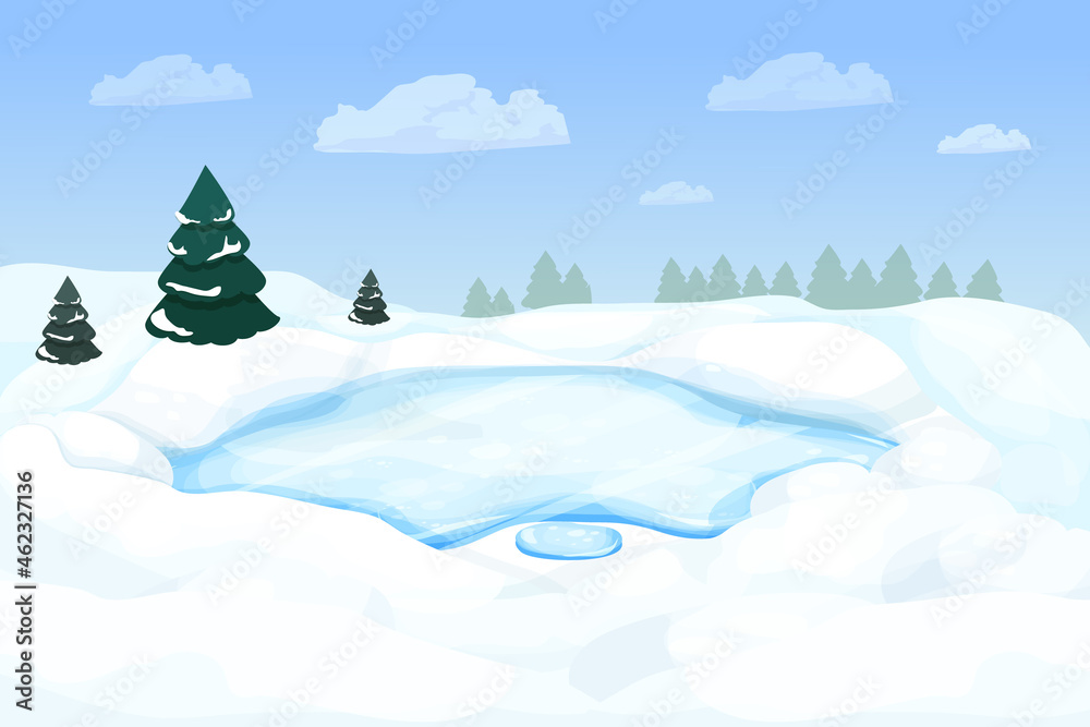 Winter landscape with frozen lake, river in forest with snow and pine trees in cartoon style. Snowy scene. Wintertime, wild and wild nature.