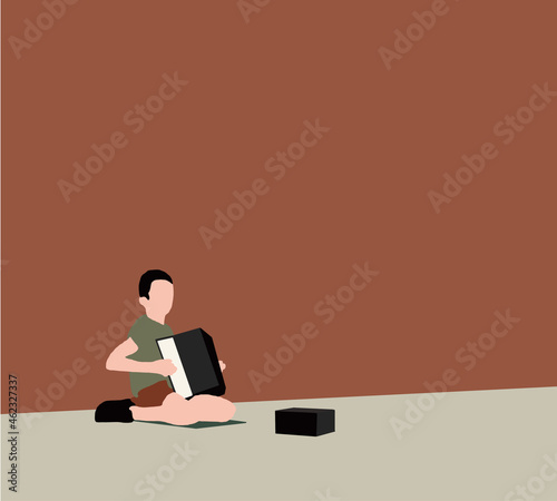 Homeless boys singing and playing accordion asking for money. Vector illustration of a street musician.