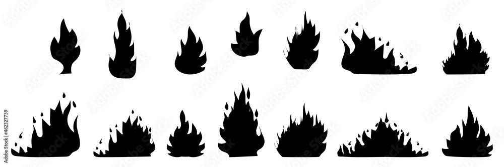 Collection of fire silhouette icon. Campfire flame. Warning icon. Abstract design. Vector illustration. Stock image. EPS 10.