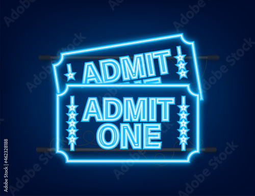 Realistic red and blue show ticket. Old premium cinema entrance tickets. Neon icon. Vector illustration