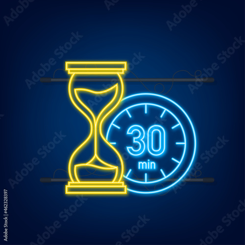 The 30 minutes, stopwatch vector neon icon. Stopwatch icon in flat style, timer on on color background. Vector illustration.