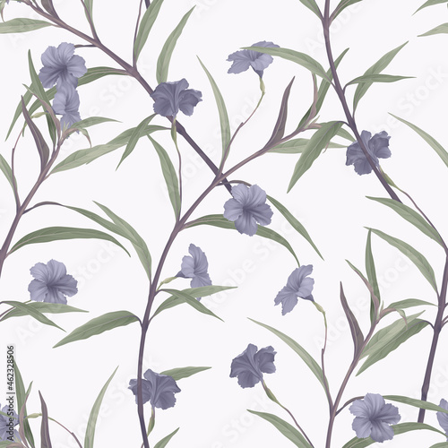 Floral seamless pattern  purple ruellia tuberosa flowers and leaves on light purple