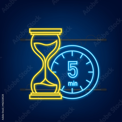The 5 minutes, stopwatch vector neon icon. Stopwatch icon in flat style, timer on on color background. Vector illustration.