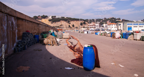 fishing nets on the ground in fishing port to fix and retrieve