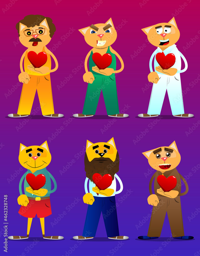 Funny cartoon cat holding red heart in his hand. Vector illustration. Cute orange, yellow haired young kitten.