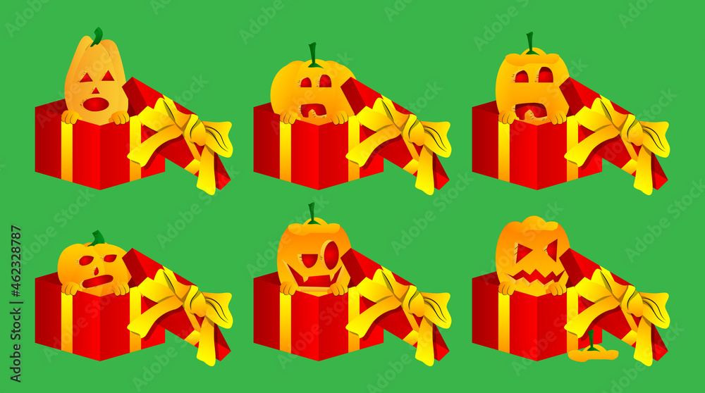 Fototapeta premium Decorative pumpkin for Halloween in a gift box as a cartoon character with face. Vector Illustration.