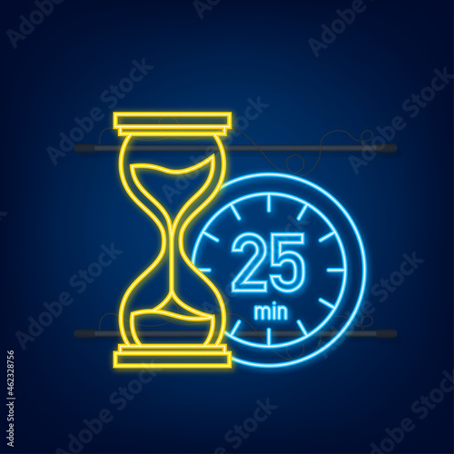 The 25 minutes, stopwatch vector neon icon. Stopwatch icon in flat style, timer on on color background. Vector illustration.
