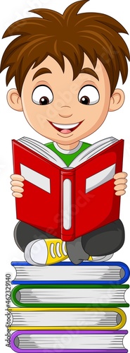 Cartoon little boy reading a book on the pile books