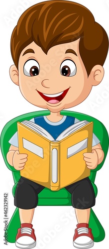Cartoon little boy sitting on chair reading book