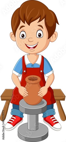 Cute little boy making pottery clay pot