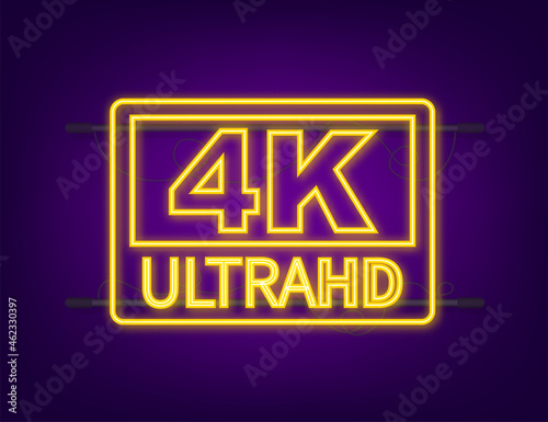 4k ultra video settings sign. Neon icon. Vector stock illustration.