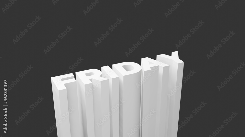 Friday text background in monochrome theme. 3D illustration in dark background with copy space Friday text background in monochrome theme. 3D illustration in dark background with copy space