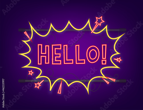 Comic speech bubbles with text Hello. Neon icon. Vintage cartoon illustration. Vector stock illustration