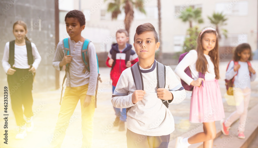 Obraz premium Portrait of positive boy standing near school, children on background