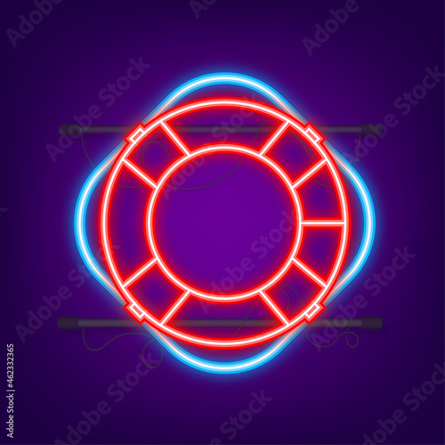 Lifebuoy icon, equipment of rescuers to save drowning people. Neon icon. Vector illustration